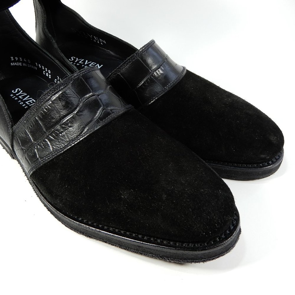 SYLVEN New York Lennox Croc Embossed Ankle Strap SHOES Size 7.5 Black Leather NE - Picture 8 of 10